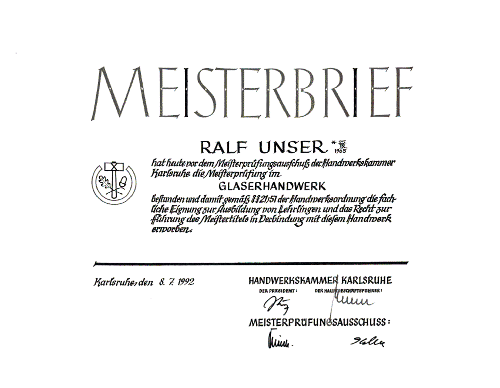 Meisterbrief Ralf Unser